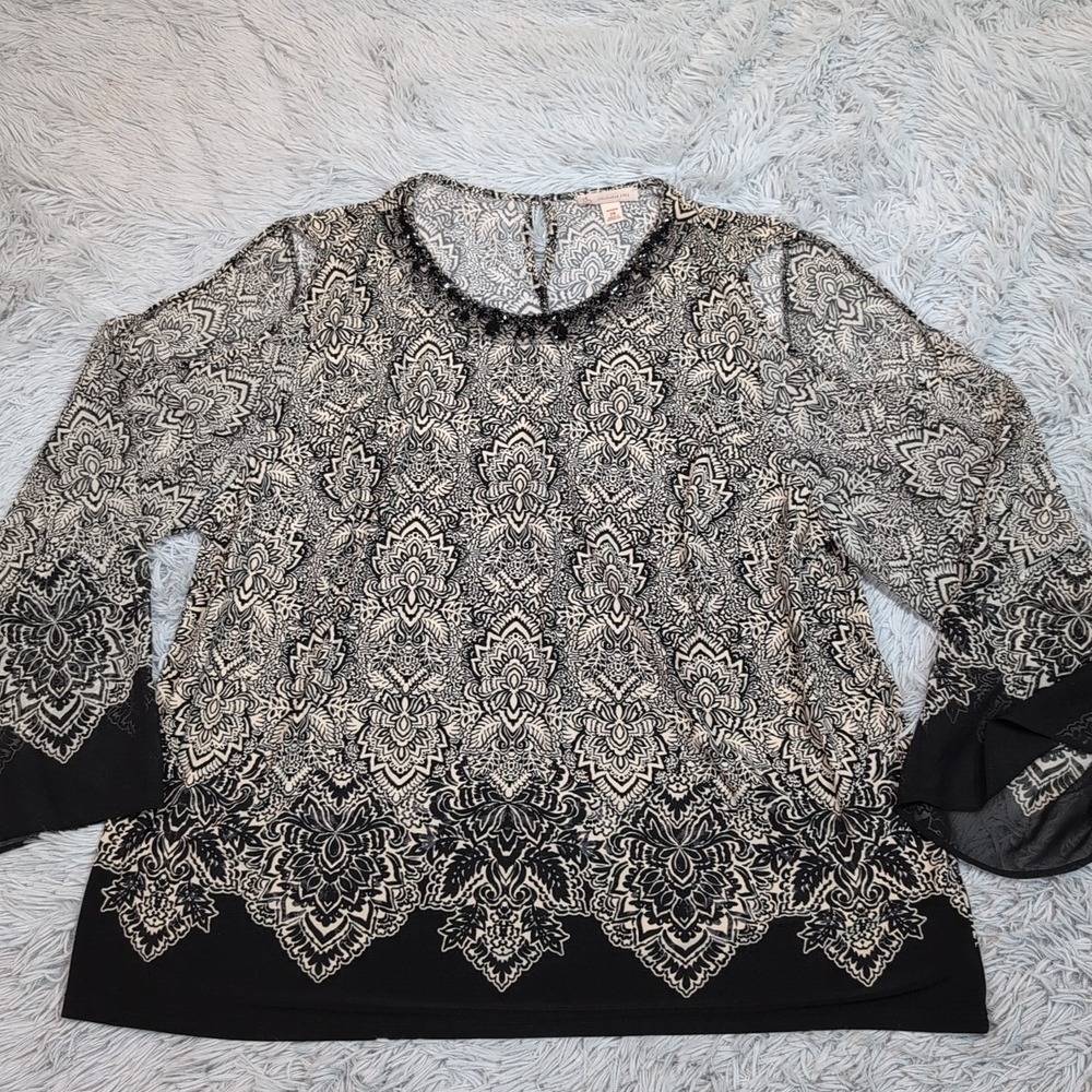 CB Shirt Womens 2X Black Blouse‎ Floral Comfort Top Casual Beaded Sheer
